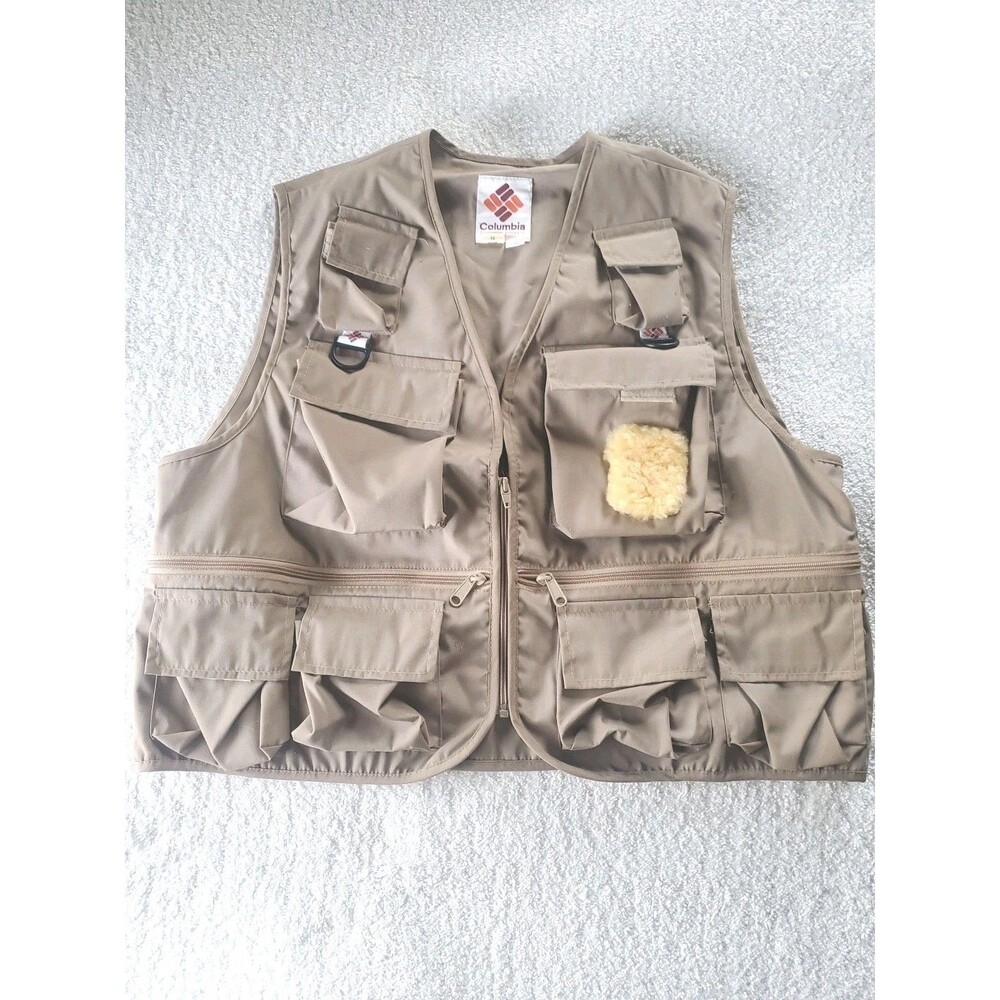 Vintage Columbia XL Khaki Fishing Vest Pockets Zip USA Made Cotton/Poly Outdoor